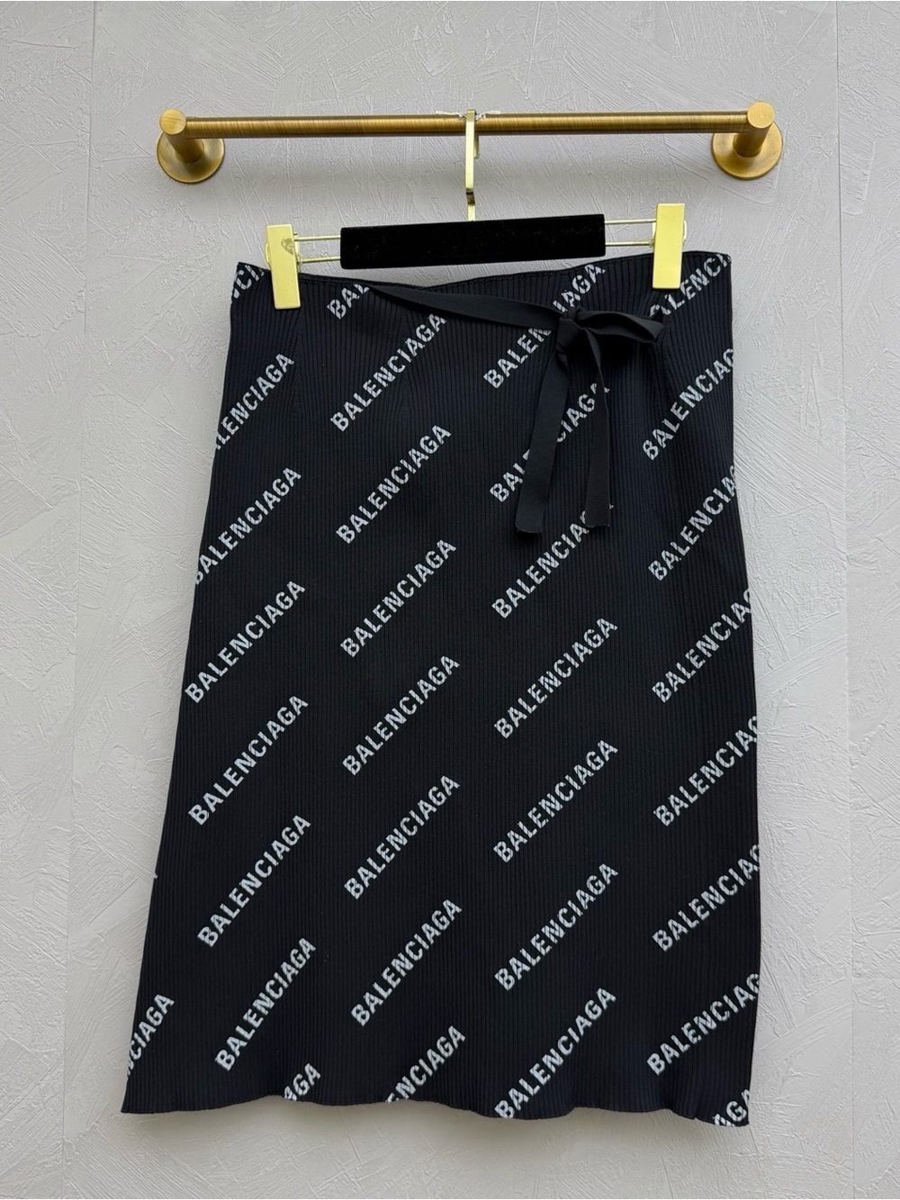 Balenciaga Black Logo Ribbed Midi Skirt with Waist Tie